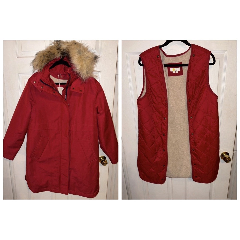 NWT Boden 3-in-1 Sz 8 R Premium Winter Parka Red Faux Fur Trim Hood Sherpa Vest
